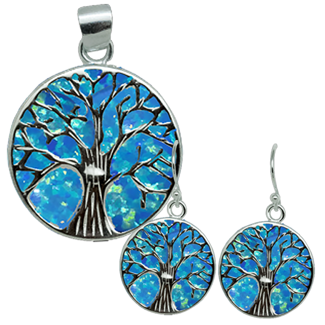 Sterling Silver and Blue Opal Backed Tree of Life Set, Save 10%